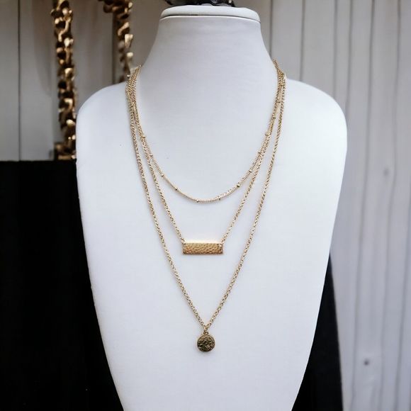 Bancroft Layered Necklace Gold Tone Hammered Pendants Triple Strand Draping - Picture 1 of 9